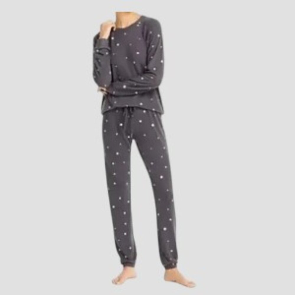 Aqua Lounge Star Pajama Set LS Charcoal Gray with Silver Stars Small NWT